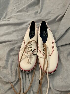 Keds White Canvas Sneakers with Red Baseball Stitching